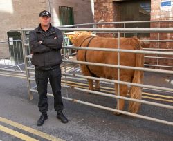 Ross in his temporary pen (dressing room?) behind the Manchester Opera House with one of his security guards. The Festival organisers were wonderful at being sure that Ross had ample security --- during live performances he had at least ten security guards in the alley behind the Opera House.