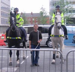 Guarding the back of the Manchester Opera House where Ross was loaded and unloaded into his stock trailer.