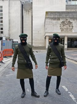 Ross was held just below the Manchester Magistrates' Court, a short distance from the Crown Court. When Artur and Grzegorz were in costume, I photographed them in front of the Crown Court. Quite an unsettling image.