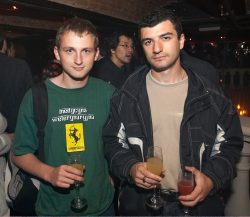 Enjoying a drink at the party to celebrate the opening night of [i[Il Tempo del Postino