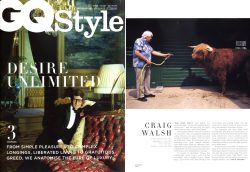 GQ Stylesent a photographer all the way from London to take my photo giving Lord Rannoch a shampoo. This was during May, after I'd broken my back but before it was diagnosed correctly. All I remember of this photo shoot was the pain -- with my crutch just out of the shot. The article is about "desire unlimited," and I have my own page --- along with folks like Armani and Messrs. Dolci and Gabanna.