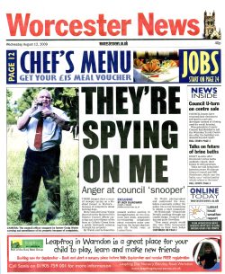 Front page story in theWorcester Newsabout Andy Ferguson of the Malvern Hills District Council lurking in our bushes along the footpath. (Page 1)