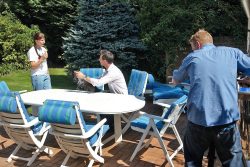 Filming part of the news piece for Channel 5 News. Marjorie gives a haddock ice cream cone to Digby, not to Jonathan.