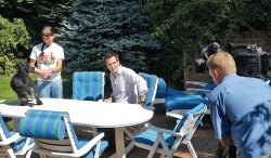 Marjorie, Digby, and Jonathan Samuels filming a piece for Channel 5 News